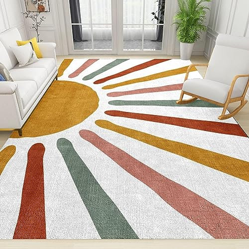TEMLAN Rainbow Line Sunrise Art Teppiche Gegend, Boho-Sonne Kinderteppich für Drinnen und Draußen Terrasse Balkon Garten Wohnzimmer 80 x 150cm
