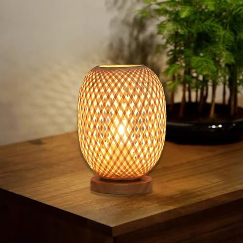 GUANSHAN Handgewebte Bambus Kunst Tischlampe Rustikale Bambus Lampenschirm Nachttischlampe Atmosphäre Nachtlicht Tisch Beleuchtung Dekorative Tischleuchte Für Schlafzimmer, Wohnzimmer