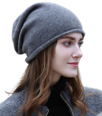 WaySoft Damen-Beanie-Mütze aus 100% Kaschmir, in eleganter Geschenkbox, Verschiedene schicke Farben, grau dunkel, Einheitsgröße