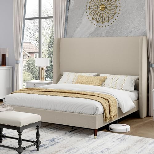 PaPaJet Queen Size Bed Frame with 51.2 Wingback Headboard, Soft Linen Upholstered Platform Bed, Solid Wood Legs, No Box Spring Needed, Sturdy & Noise-Free, Easy Assembly, Light Khaki