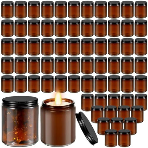 Lallisa Lot de 72 bocaux en verre ambré de 237 ml avec couvercles noirs - Pots à cosmétiques ronds vides en verre ambré avec couvercles - Flacons rechargeables pour stockage des aliments, épices,
