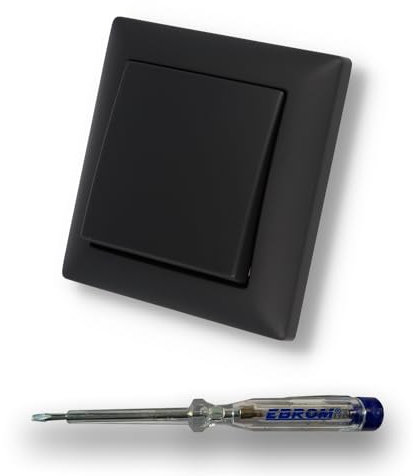 BUSCH JÄGER Tastschalter Taster Lichttaster 2020 US mit BBblack Wippe und BBblack Rahmen - Schwarz MATT - inkl. EBROM Phasenprüfer zur Montage