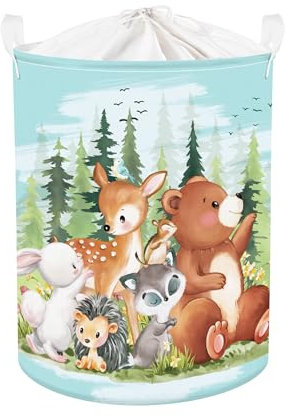 Clastyle Tannenwald Wildtiere Kinder Wäschekorb mit Henkel Faltbar Kleidung Spielzeug Aufbewahrungskorb Jungen Mädchen Aufbewahrungsbox für Babyzimmer Bad, Bär Hirsche, 36 * 45 cm