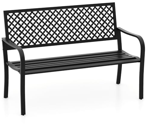 KOMFOTTEU Gartenbank Metall mit Armlehnen, 2-3 Sitzer, bis 300 kg belastbar | Metallbank Terrassenbank für Hof, Park und Terrasse, Maße 127 x 62 x 86 cm, Farbe Schwarz