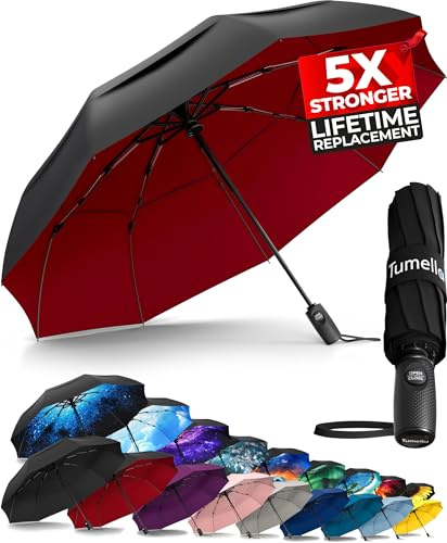 TUMELLA Stärkster winddichter Reiseschirm (kompakt, 100 km/h windgetestet), leicht, tragbar, Einhandbedienung, automatisch faltbarer Regenschirm, langlebig, Premium-Griff, passend für Auto und