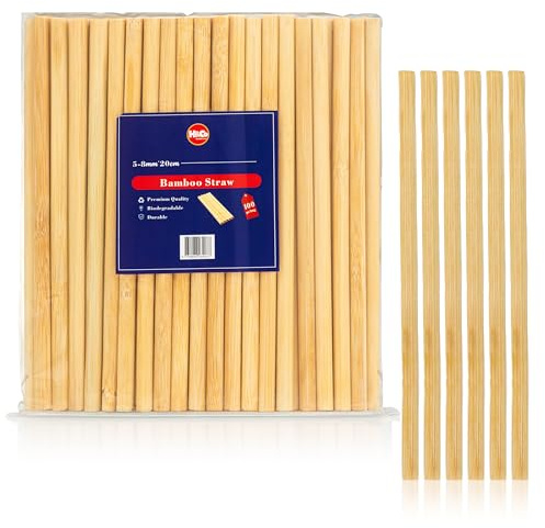 H&Co 100 Premium Bamboo Straws, 20 cm, 5-8 mm, Biodegradable, Reusable, 100% Eco-Friendly, for Smoothies and Juices (Pack of 100)