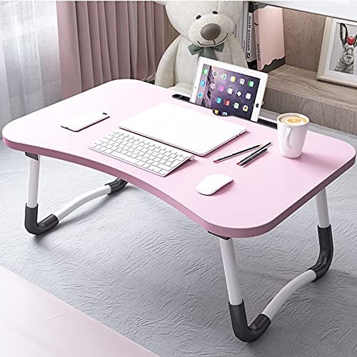 Mesa plegable rosa para ordenador portátil, 60 x 40 x 28 cm, escritorio portátil para comer y trabajar en la cama