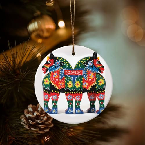 Läufer schwedisches Dala-Pferd, Volks-Weihnachtsschmuck, Weihnachtsbaum, Keramik, hängende Ornamente mit goldfarbenem Band, Feiertagsdekoration, Basteln, 7,3 cm, doppelseitig, hängende