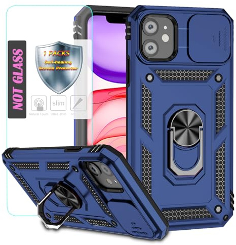 YmhxcY Handyhülle Für iPhone 11 Hülle,[mit 1 Stück Schutzfolie],360°Drehen Metallständer，Stoßfester Schutz Hartschale，Mit Kameraschutz，for iPhone 11 case-Blau