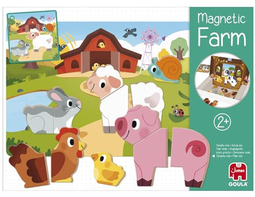 Goula - Magnetische Farm - Kinderspielzeug - Frühkindliche Entwicklung - Bildungs-Spiel - Bauernhoftiere - 12 magnetische Holztiere in 1, 2 oder 3 Teilen - 10 Vorlagenkarten - Ab 2 Jahren