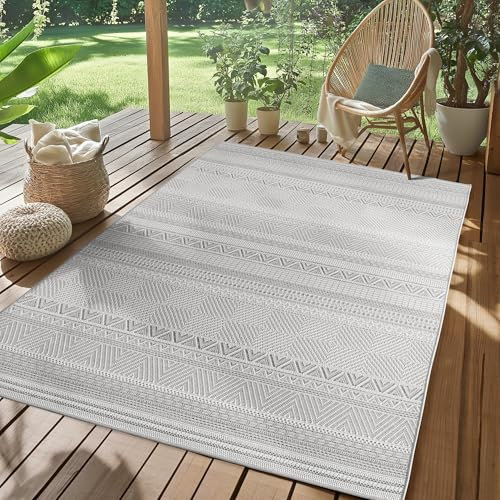 SIMPEX Outdoor Teppich Wetterfest Grau 140x200 cm, UV-beständig, ideal für Küche, Balkon, Terrasse, Garten Wohnzimmer Esszimmer, Skandinavisches Boho-Design, Pfelgeleicht
