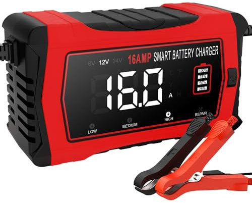 16-Amp Battery Charger, 12V 24V Lithium LiFePO4 Lead Acid Car Battery Charger 10-Stage Trickle Charger Smart Battery Maintainer w/Temp Compensation for Car Truck Lawn Mower Boat Marine