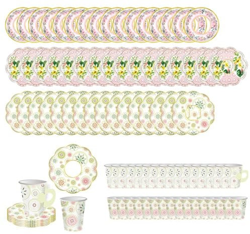 96 tazas de té y platillos de papel florales desechables con asa y platos, decoración para fiesta de cumpleaños