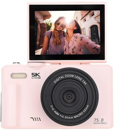 Fotocamera Digitale 5K per Fotografia, Videocamera FHD Wi-Fi da 75 MP per Vlogging, Schermo Orientabile a 180° da 3 Pollici, Autofocus, Compatta con Zoom 18X (Rosa)