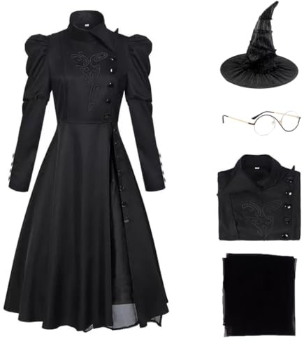 Cuzeolin Elphaba Kostüm für Erwachsene, Hexe, schwarzes Kleid mit Hut, Brille, Halloween, böses schwarzes Kleid für Damen