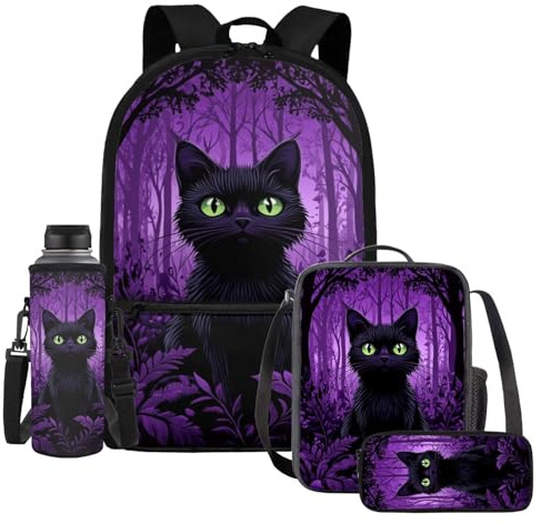 UOIMAG Rucksack-Lunchbox-Set mit Wasserflaschenhalter, niedliches Federmäppchen, 4 Schultaschen, schwarze katze, Einheitsgröße, Schulranzen-Set