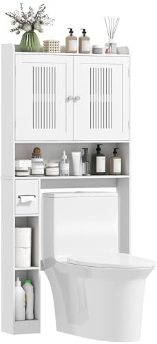 HOMCOM Estantería sobre Inodoro Mueble sobre Inodoro con Estante Ajustable 2 Puertas Soporte para Papel Higiénico y Estantes Abiertos Ahorra Espacio Armario para Lavadora para Baño Blanco