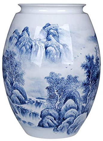 Jarrón de decoración del hogar Grande Grande Grande Barro DE PORCELATRA Azul Y Blanco Pintura de Paisaje Chino Vaso Pintado a Mano Decoración del hogar Adornos de la Sala de Estar Living Flower