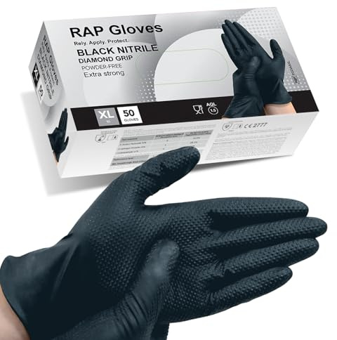 RAP Nitrile Work Gloves (50 Pack) – Heavy duty, diamond grip, latex-free, powder-free, non-slip, extra thick – Ideal for mechanics, workshop, and automotive use. (Black, XL)