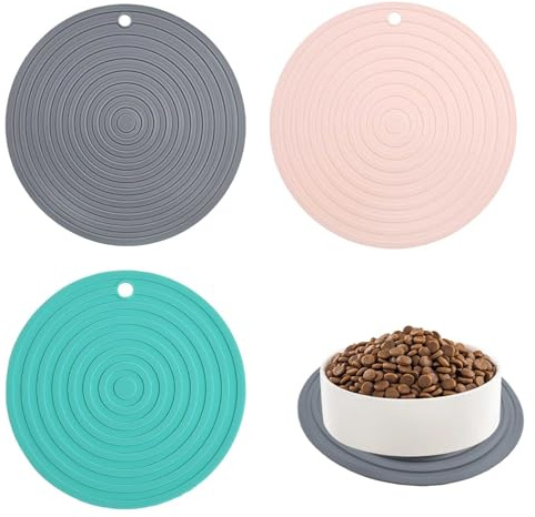 Tapis gamelle Chat et Chien 3 pièces Tapis Silicone antidérapant imperméable pour Bols Animaux 2x16cm + 1x18cm Gris Usage intérieur extérieur Cuisine Sol