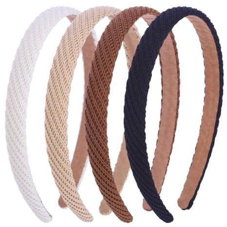 4 Stück Gestrickte Stirnbänder für Frauen, Bequeme Stilvolle Gewebte Haarreifen für Mädchen,Rutschfeste Haarreif für Damen, Einfarbige Haarbänder Haar Accessoire(Elfenbein, Beige, Braun, Schwarz)