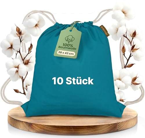 Naturstube® Baumwoll 10er Set Petrol farbene Turnbeutel Sportbeutel Zuziehbeutel Gymsack Sack Jute Schule Rucksack
