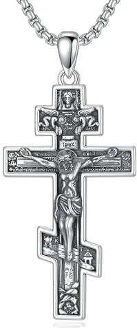 YueYuan Kreuz Halskette für Männer 925 Sterling Silber Orthodoxe Kreuz Jesus Anhänger Christlicher Halskette Religiöser Schmuck Geschenke Amulett Talisman Geburtstag Jahrestag Geschenk