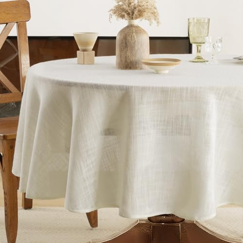 FIBORIA Cream Round Table Cloth Faux Linen Wipe Clean Tablecloth 150 cm Water Resistant Table Cover Stain Resistant Washable Tablecloths for Dining Room Kitchen Garden Picnic Party Decor, 59 inch