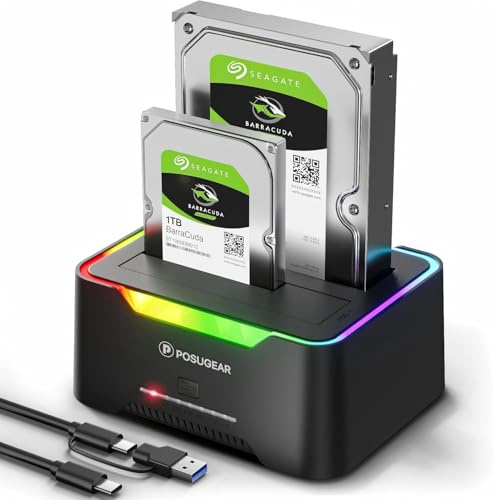 POSUGEAR Festplatten Docking Station, USB 3.0 RGB Festplattengehäuse für 2,5 und 3,5 Zoll SATA HDD/SSD, 40TB Dual Bay HDD Docking Station mit Offline Klonen Unterstützung werkzeugloser und UASP