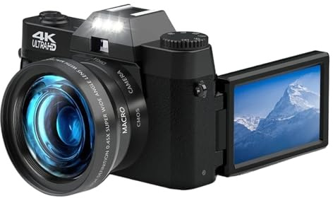 Fotocamera Digitale 4K 48MP 16X Zoom 3 '' Flip Screen WiFi Web Camcorder Fotografia Vintage Videocamera Professionale Compatta Scatta Nitida Fluida(With 64G Card,With wide-angle lens)