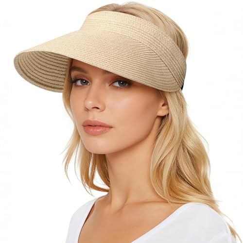 Viseras para Mujer, Visera Mujer Paja Sombrero Playa, Ajustable Visera Mujer Verano, Plegable UPF 80+, Visera de Paja, para Vacaciones de Verano en la Playa y Viajes de Campamento