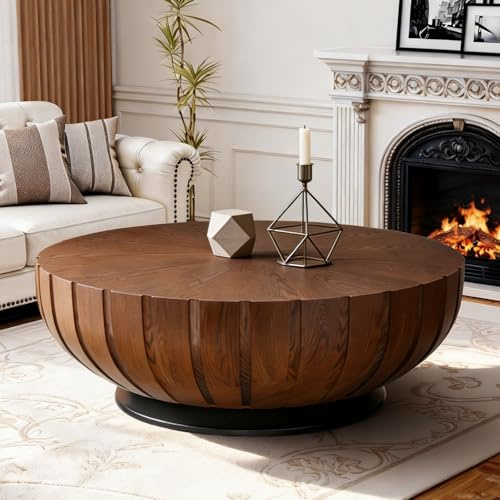 LOVEHOUGES Couchtisch Rund Trommelform, Mid-Century Modern Mitteltisch Zweifarbig, Vintage Beistelltisch aus Geriffeltem Holz mit Schwarzem Sockel, Wohnzimmertisch aus Massivholz Rund,Braun