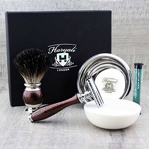 Rötlichbraun Antik Spezielle Sammlung 4-teiliges Rasierset: Reines Rasierhobel, Rasierhobel & Rasierhobel & Haryali London Premium-Seife + GRATIS ALUM-STOCK> Perfekt zum Nassrasieren