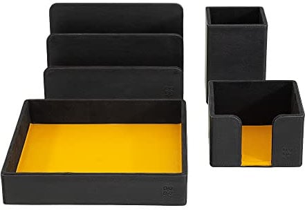 DUDU Schreibtisch-Set aus Leder für das Büro 4-teilig mit Taschenleerer Stifthalter Briefhalter Zettelbox Schwarz