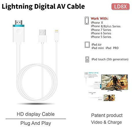 MUNDDY Adaptador HDMI para iPhone/iPad, Cable USB 1080P, Compatible con iPhone 5/5S/5C/6/6S/6 Plus/6S Plus/7/7 Plus/8/8+ X XR XS XS MAX, Blanco