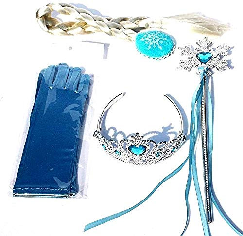 Set 4 Accessori Frozen Elsa Halloween Carnevale Treccia Bacchetta Corona Guanti Neve Idea Regalo Natale Compleanno Bambina