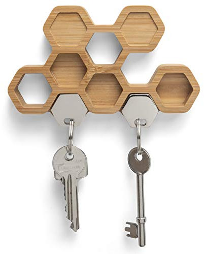 Magnetischer Schlüsselhalter aus Holz, einzigartiges Wabendesign, minimalistisch, starke Magnete, Wandmontage, Flur, Eingang, Büro, Zuhause, Bambus-Schlüsselbrett, hält 2 Schlüsselsätze, B 15 x H 9,2