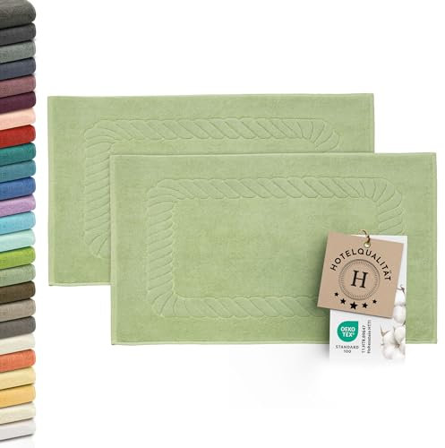 ZOLLNER 2er Set Badematten - weiche und saugstarke Duschvorleger - waschbar bis 95°C - Baumwolle - 50x70 cm in lindgrün