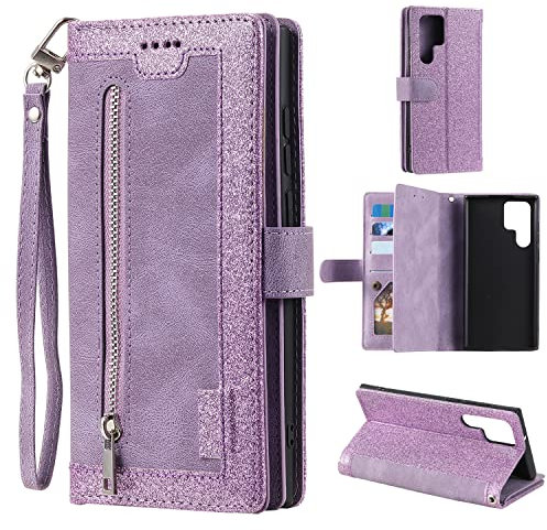 EYZUTAK Handyhülle für Samsung Galaxy S23 Ultra,Flip Case Lederhülle Reißverschluss Magnetverschluss Brieftasche mit 9 Kartenfächern Standfuntion Retro Matt Ledertasche-Glitzer Lila