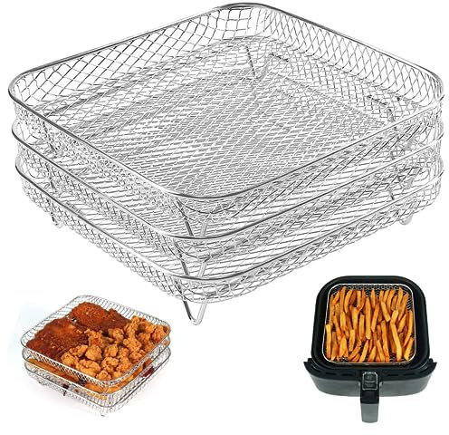 Accessori per friggitrici ad aria, rastrelliere ad aria 3pcs impilabili 8,27 pollici a torre quadrata a porta d'aria cesta griglie per barbecue, forno, friggitore ad aria 8 qt