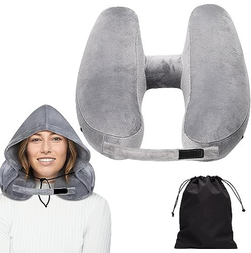 LoQuick Nackenkissen aufblasbar Reisekissen aufblasbar für Flugzeug, Schnell aufblasbares Kissen Reise, Travel Pillow, Nackenhörnchen Erwachsene mit weichem Veloursbezug, Hut, tragbarer Kordelzug