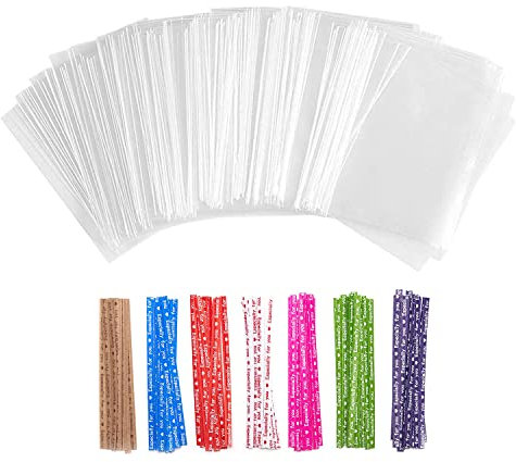 200pcs Cellophantüten Klar 9x13cm, Süßigkeiten Tüten Transparent mit 200 Bindebaender, Plastiktüten zellophantüten klein, für Süßigkeiten Mitgebsel Kindergeburtstag Gastgeschenke