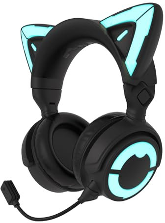 YOWU RGB Cat Ear Headphones 4GS - Gaming Headset for PC PS5 Switch Xbox, 2.4G/Wireless/Wired, Attachable Gaming Microphone, Adjustable Lighting and Effect via ApP (Black)