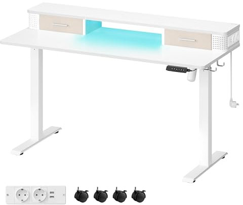 VASAGLE Höhenverstellbarer Schreibtisch elektrisch, 60 x 140 x (72-120) cm, stufenlos verstellbar, mit Monitorständer, Steckdosenleiste, Haken, Memory-Funktion, wolkenweiß LSD184W01