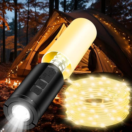MoKo Camping Lichterkette, 8 Beleuchtungsmodi 9 m Wiederaufladbar LED Lichterkette Campinglampe Taschenlampe mit 8000 mAh-Akku, wasserdichte tragbare Zeltleuchte für den Notfall Garten Außen Innen