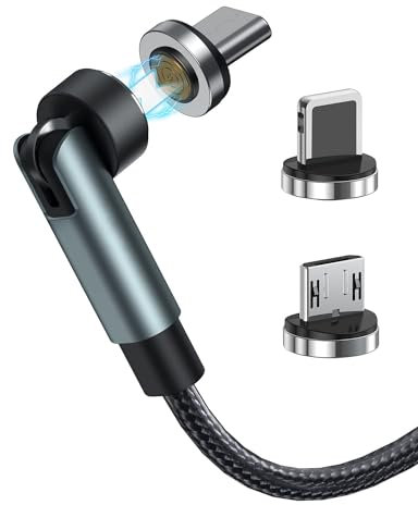 Kauzon Cavo di Ricarica Magnetico 1M, Rotante a 360°, Caricabatterie Magnetico 3 in 1 per Telefono - Ricarica Veloce 3A, Trasferimento Dati USB per Tipo C/Micro USB/i-Product