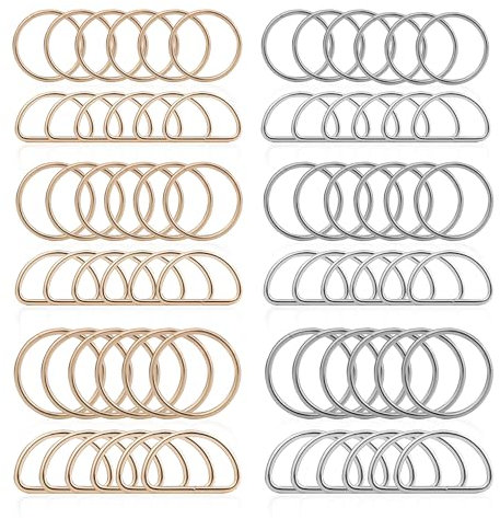 Roosea 72 Stück D-Ring aus Metall D Ringe Halbringe Schnalle Mehrzweck Metall D Ring und O Ringe Taschenringe Silber Gold Taschenzubehör für Tasche Schnalle Gurte 20mm 25mm 32mm