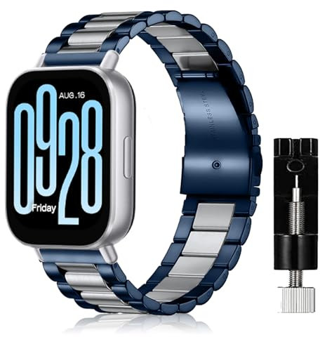 SeNool Strap for Xiaomi Redmi Watch 5 Active/Redmi Watch 5 Lite, Metal Stainless Adjustable Replacement Smart Watch Strap Band for Xiaomi Redmi Watch 5 Active/Redmi Watch 5 Lite - Blue/Silver