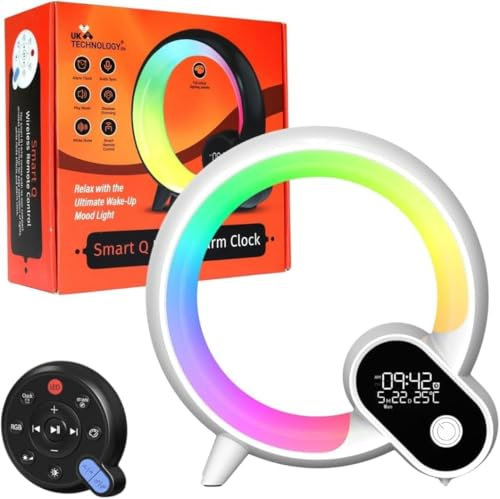 UK Technology Q Lamp, Night Lights Bluetooth Speaker, Bedside Lamp, Remote Control Lights, Dimmable Night Light, Alarm Clock with Music App Control, Smart Light for Bedroom, Teenage Girls Boys Gift