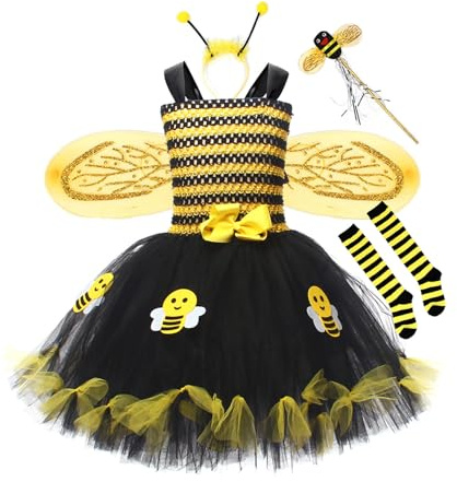 Feclmiyt Hummelkostüm für Kinder, Mädchen, Halloween, Bienenkönigin, Prinzessin, Tutu-Kleid + Stirnband, Beinstulpen, Zauberstab, Flügel-Set, Rollenspiel-Party (Gelb, L)